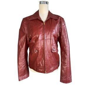 VTG Ambassador USA Womens Red Burgundy Genuine Leather Full Zip Jacket Fall 42 L